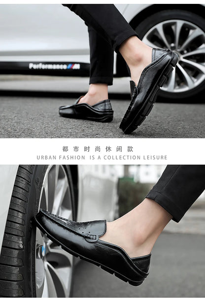 Men's Driving Shoes Large Size Loafers Hollow out Casual Bean Bean Shoes Leather Slip-On Footwear for Men