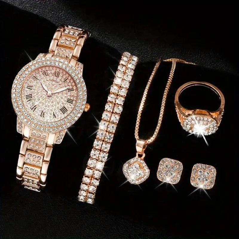 6PCS Women Watch Luxury Elegant Alloy Watch Crystal Wristwatch For Ladies Gift Quartz Watch Alloy Rhinestone Bracelet Montre