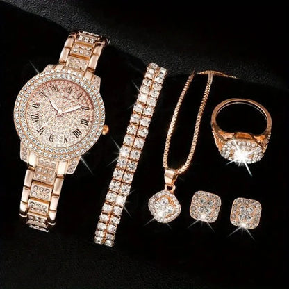 6PCS Women Watch Luxury Elegant Alloy Watch Crystal Wristwatch For Ladies Gift Quartz Watch Alloy Rhinestone Bracelet Montre