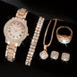 6PCS Women Watch Luxury Elegant Alloy Watch Crystal Wristwatch For Ladies Gift Quartz Watch Alloy Rhinestone Bracelet Montre