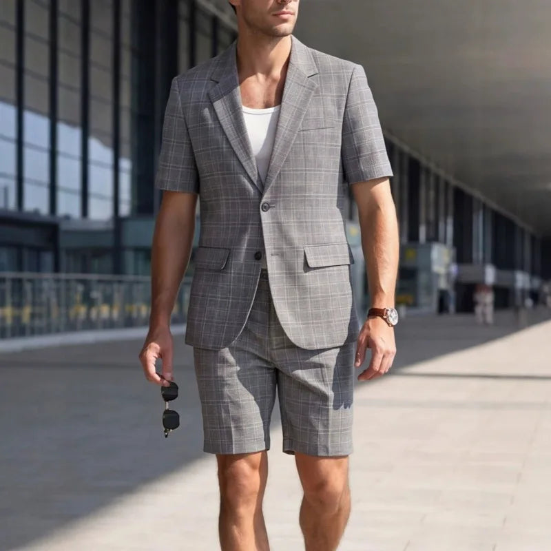 KIDWHXR Men Summer Suit Outfit British Style Plaid Short Sleeve Male 2-piece Set Loose Comfortable Business Casual Man Suits