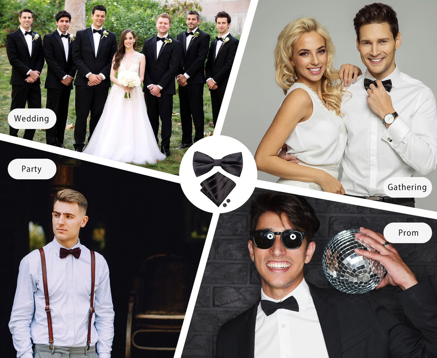 Hi-Tie Mens Bow Tie Hanky Cufflinks Set White Black Gray Silver Pre-tied Butterfly Knot Bowtie for Male Wedding silk Business
