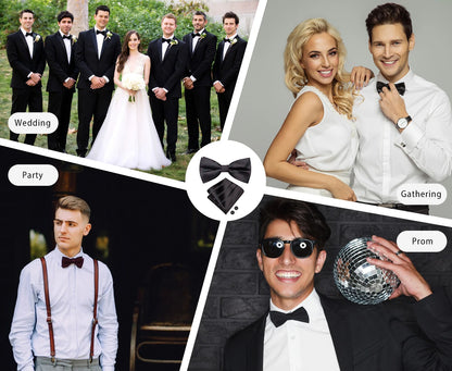Hi-Tie Mens Bow Tie Hanky Cufflinks Set White Black Gray Silver Pre-tied Butterfly Knot Bowtie for Male Wedding silk Business