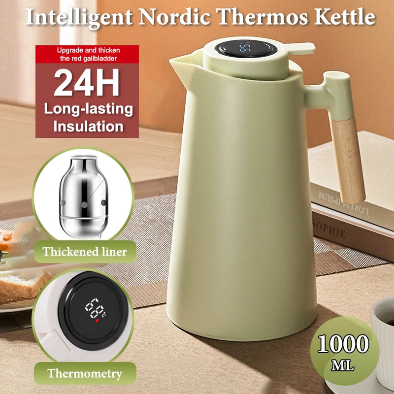 1Pc 1000ML Thermos Bottle Nordic Thermos For Hot Water Intelligent Water Heater Kettle Jug Bottle Vacuum Flask Wooden Handle