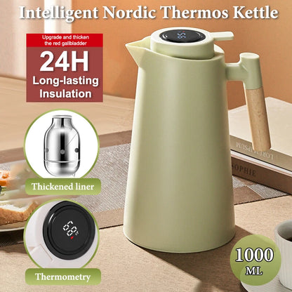 1Pc 1000ML Thermos Bottle Nordic Thermos For Hot Water Intelligent Water Heater Kettle Jug Bottle Vacuum Flask Wooden Handle