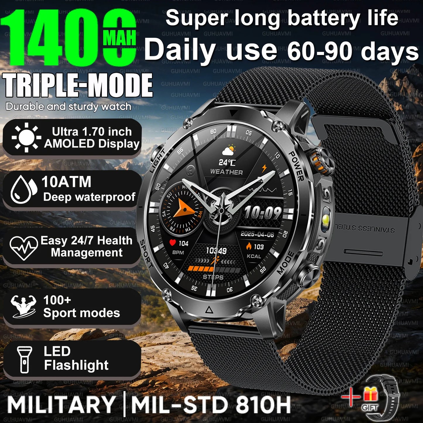 2026 Nowy Wojskowy CZOŁG Smartwatch Połączenia Bluetooth Wodoodporność 10ATM Bateria 1400mAh Monitorowanie Tętna Zegarek Sportowy Outdoor Męski