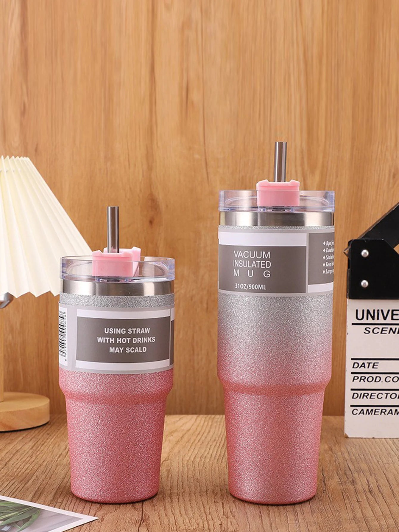 Gradient starlight double-layer stainless steel insulated and chilled cup - with a straw, flat-bottled cup, coffee cup, car cup