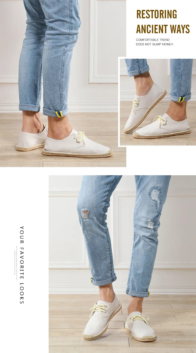 Male Casual Canvas Hemp Insole Fisherman Light Shoes Ethnic Style Men Espadrille Flats Shoes Summer Casual Shoes Driving Shoes