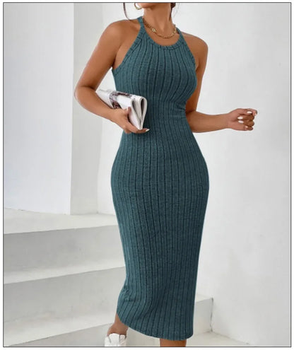 2026 Women's Crew Neck Solid Sleeveless Spaghetti Strap Dress Knit Ribbed Longline Slim-Fit Casual Sports Tank Dress Y2k Clothes