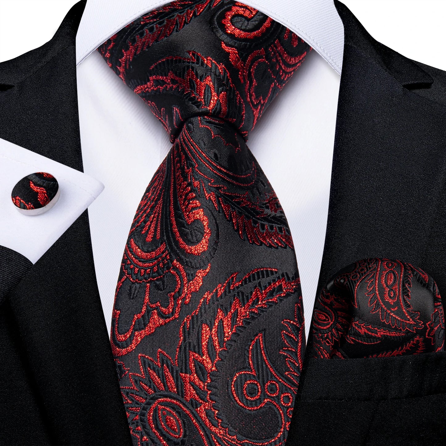 Black And Silver Paisley Floral Men's Ties Gray Blue Pink Wedding Accessories Neck Tie Set Handkerchief Cufflinks Gift For Men