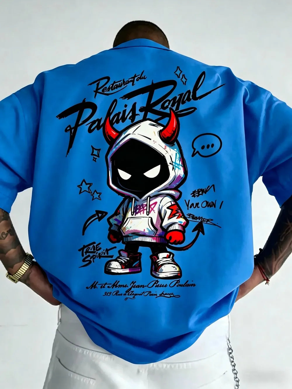 American men's summer personalized small devil letter print comfortable and breathable round neck T-shirt outdoor street top