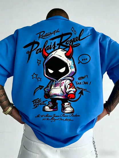 American men's summer personalized small devil letter print comfortable and breathable round neck T-shirt outdoor street top