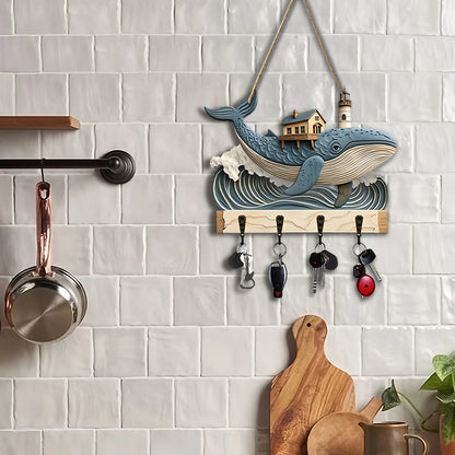 1 Piece 2D Wooden Hanging Decoration with Household Key Hook Whale Pattern Wooden Key Hangers Wall Wall Mount Room Decoration