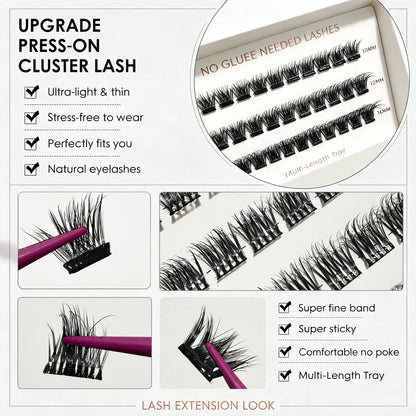 2‑5 Days Strong Hold Press On Cluster Lashes Wide Black Pre‑glued Band Self Adhesive Eyelashes NEW No Glue Need Lash Clusters
