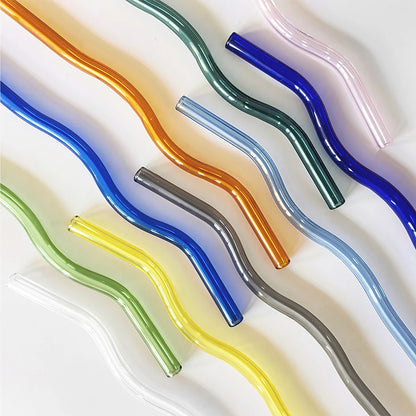 4pcs 200*8mm Glass Straws Wavy Colorful Drinking Straw Set with Brush High Borosilicate Glass Straw Kitchen Party Bar Drinkware
