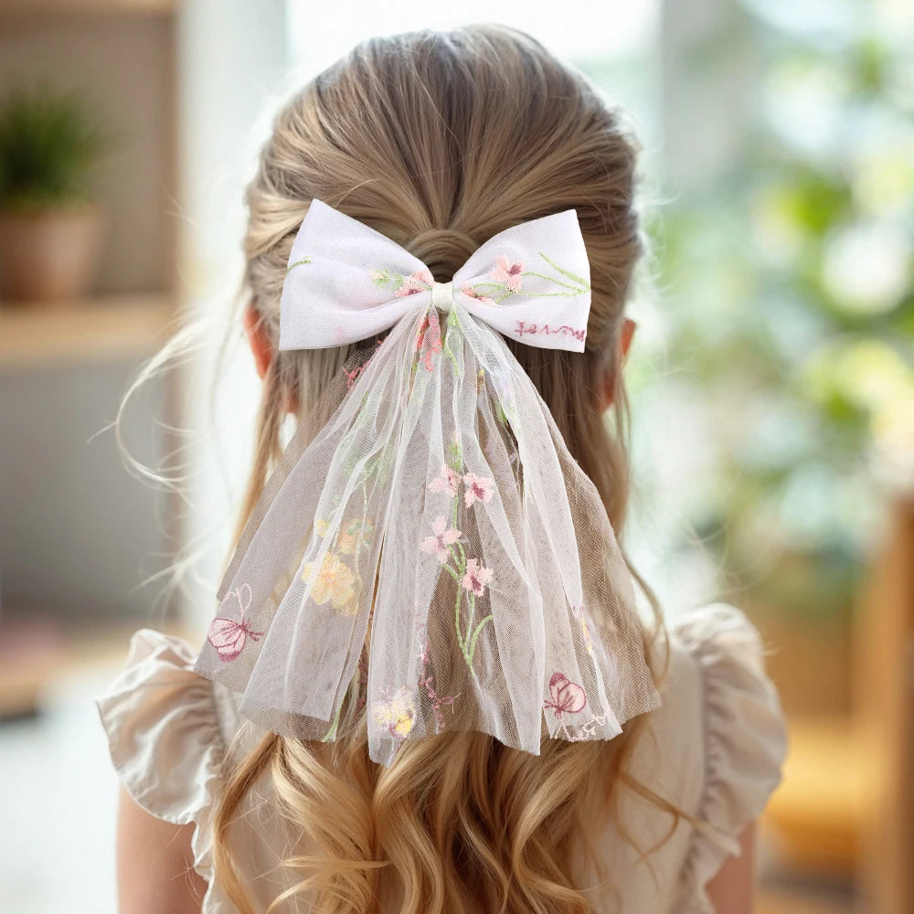 White Tulle Hair Clips For Girls Fairy Mesh Bow Large Hairpin Flower Barrette Summer Party Wedding Women Headdress Accessories
