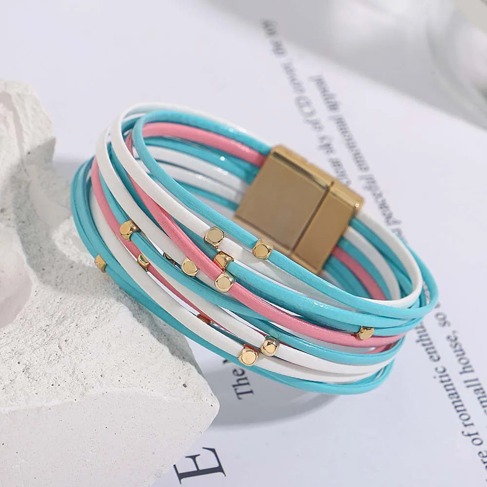 ALLYES Charm Triple Color Leather Bracelet for Women Bohemian Metal Beads Multilayer Thin Strip Wrap Bracelets Fashion Jewelry