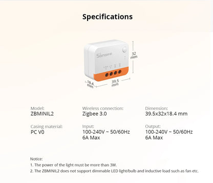 SONOFF ZBMINIR2/ZbminiL2 With/no Neutral Smart Zigbee Switch Two-Way Control Work With Alexa Google Home Yandex Alice Smartthing