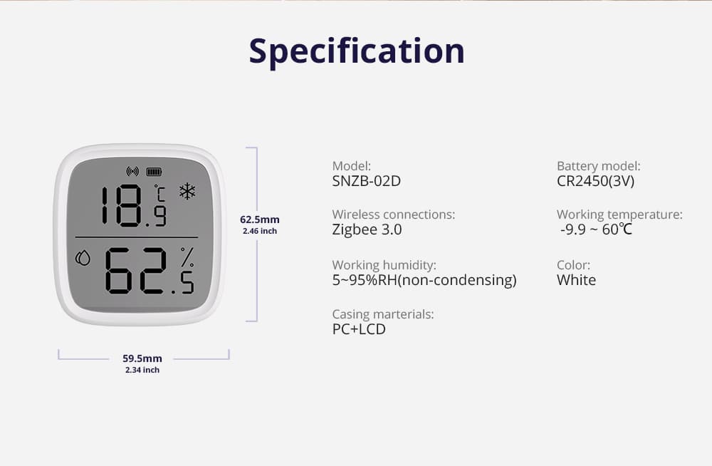 SONOFF SNZB 02D Zigbee Temperature Humidity Sensor with 2.5" LCD Screen for EWeLink SONOFF ZigBee Bridge Alexa Google Home Alice
