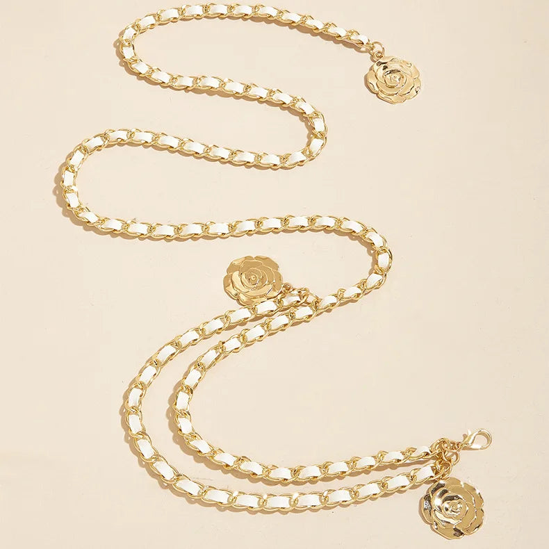 High Quality Metal Waist Chain Belts For Women Round Flower Pendant Chain Strap Rope Female Fine Waistband Dress Shirt Decoratio