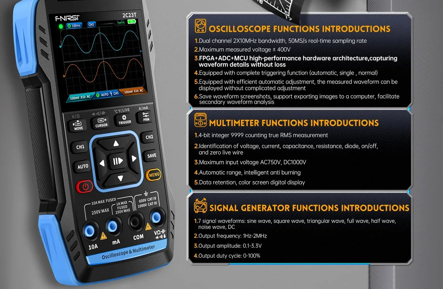 FNIRSI 2C23T 2C53T Upgrade 50MHz Handheld Digital Oscilloscope Multimeter Signal Generator 3 in 1 Dual Channel Automotive Tools