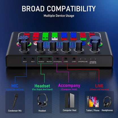 F009 Live Sound Card Broadcast quipment,Bluetooth Audio DJ Mixer with Microphone Set Device For Smartphone Live Streaming
