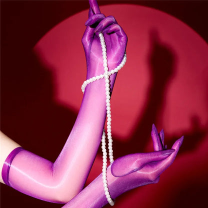 Sexy Women 1D Thin Glove Elastic Oil Glossy Shiny Long Finger Glove Sheer See Through Long Glove Driving Dance Gloves