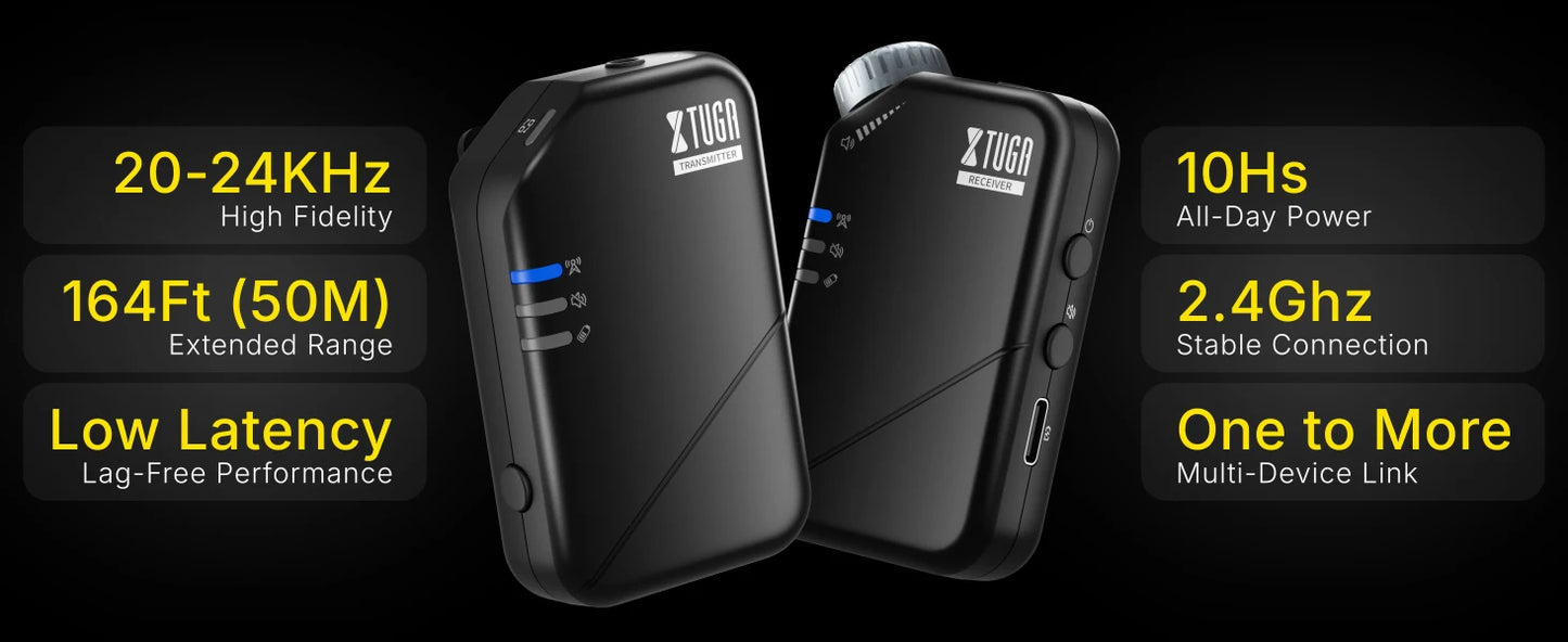 XTUGAJ02s Wireless in Ear Monitor System 2.4G Mini Stereo IEM System Low Latency One Transmitter More Receiver Stage Singer Band