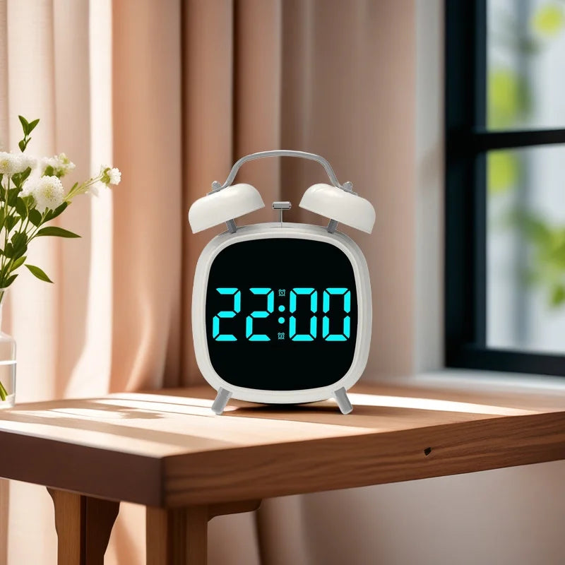 Voice Control Digital Alarm Clock Double Bell Super Loud for Heavy Sleeper Night Mode 12/24H Night Anti-disturb Table LED Clock