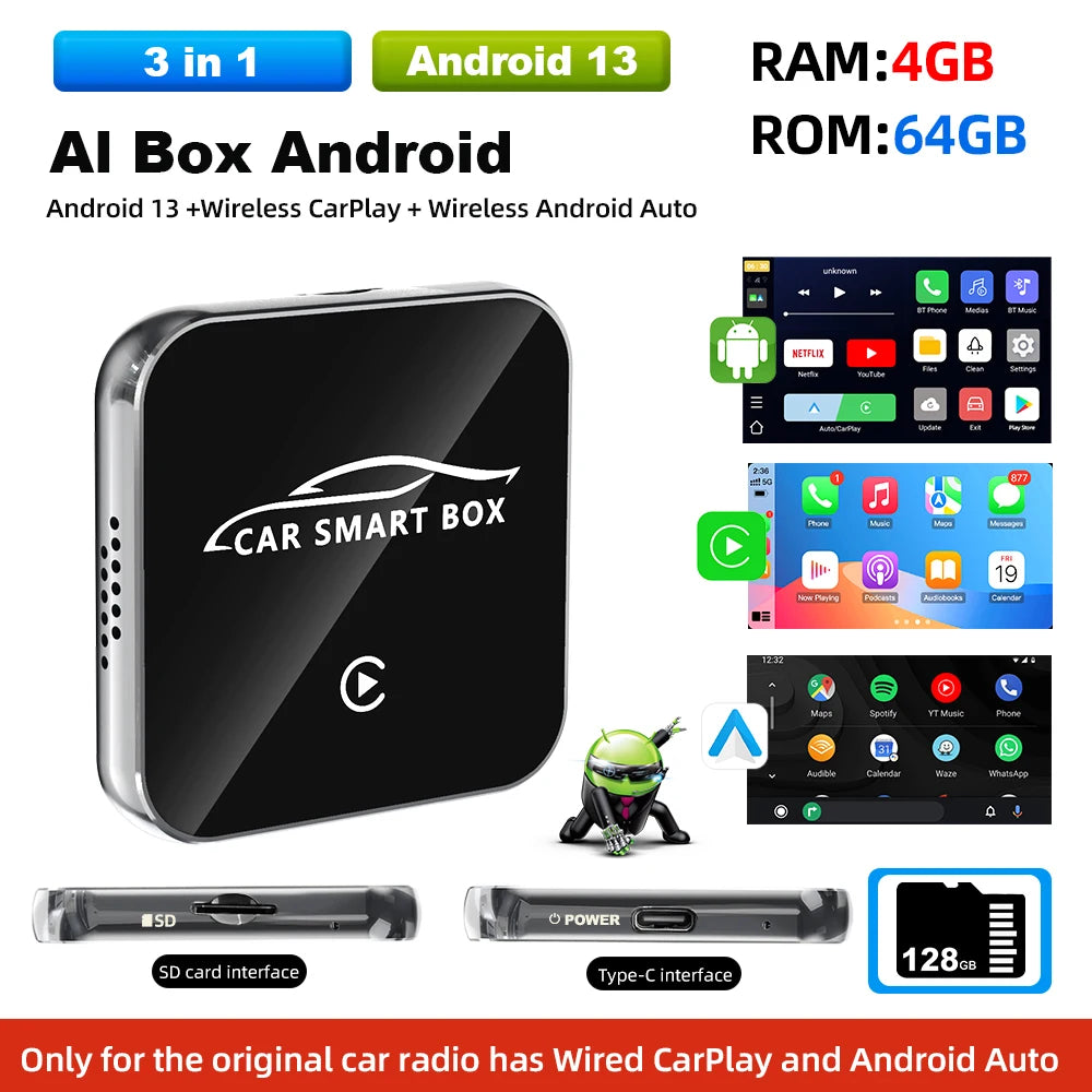 Grandnavi Android 13 3in1 CarPlay Ai Box Wireless Android Auto USB Adapter For Youtube Netflix Tiktok Universal AI Box Plug Play