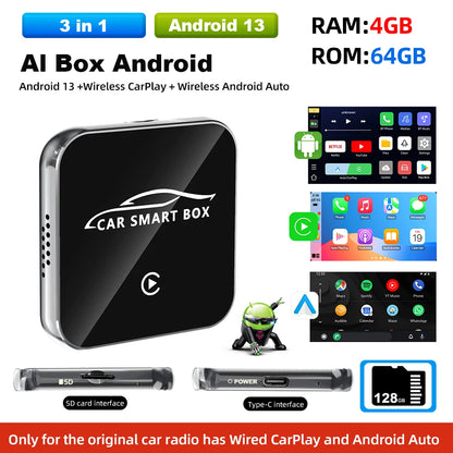 Grandnavi Android 13 3in1 CarPlay Ai Box Wireless Android Auto USB Adapter For Youtube Netflix Tiktok Universal AI Box Plug Play