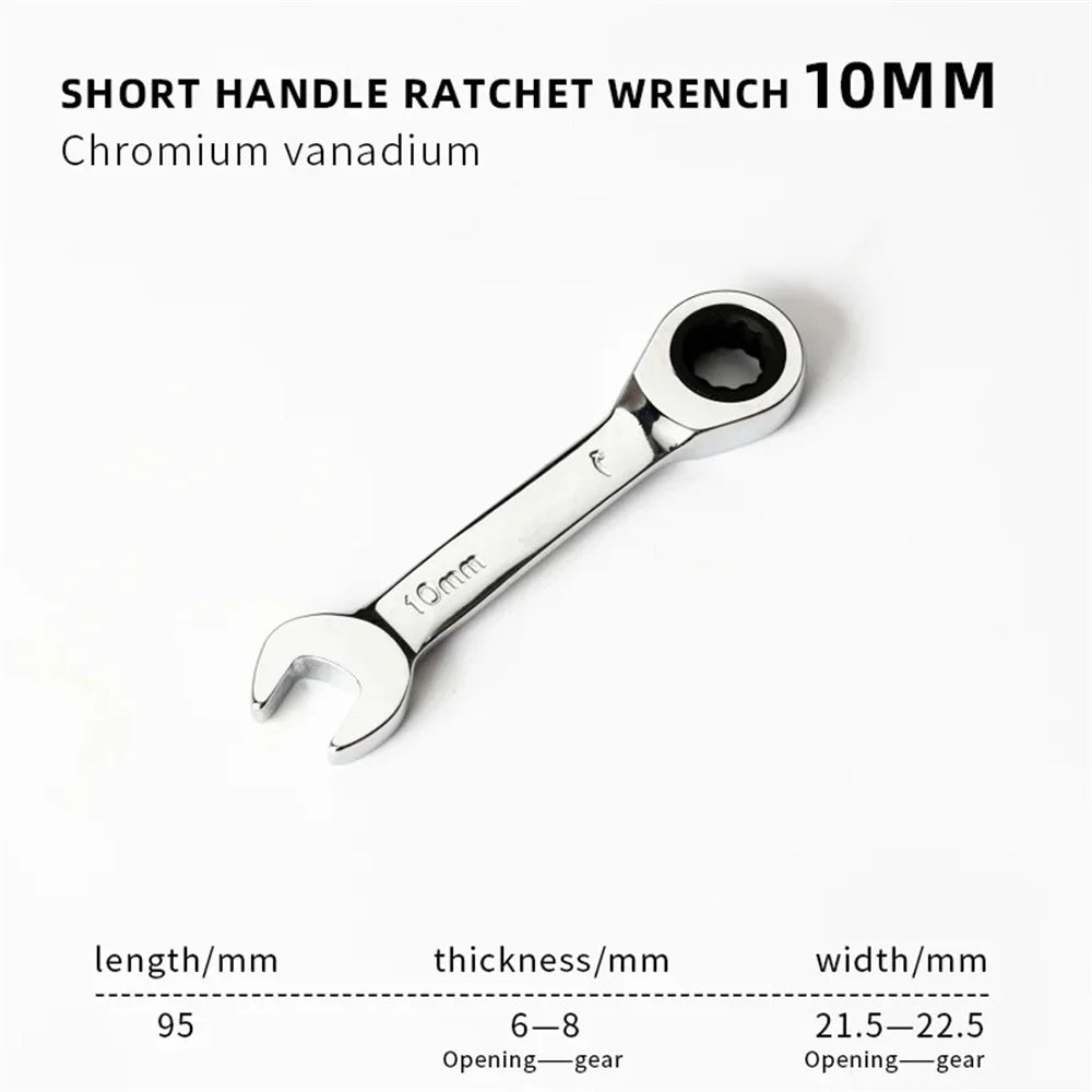 1Set 6mm-19mm Reversible Combination Stubby Single Wrench Stubby Combination 72 Tooth Ratchet Socket Spanner Nut Repair Tools