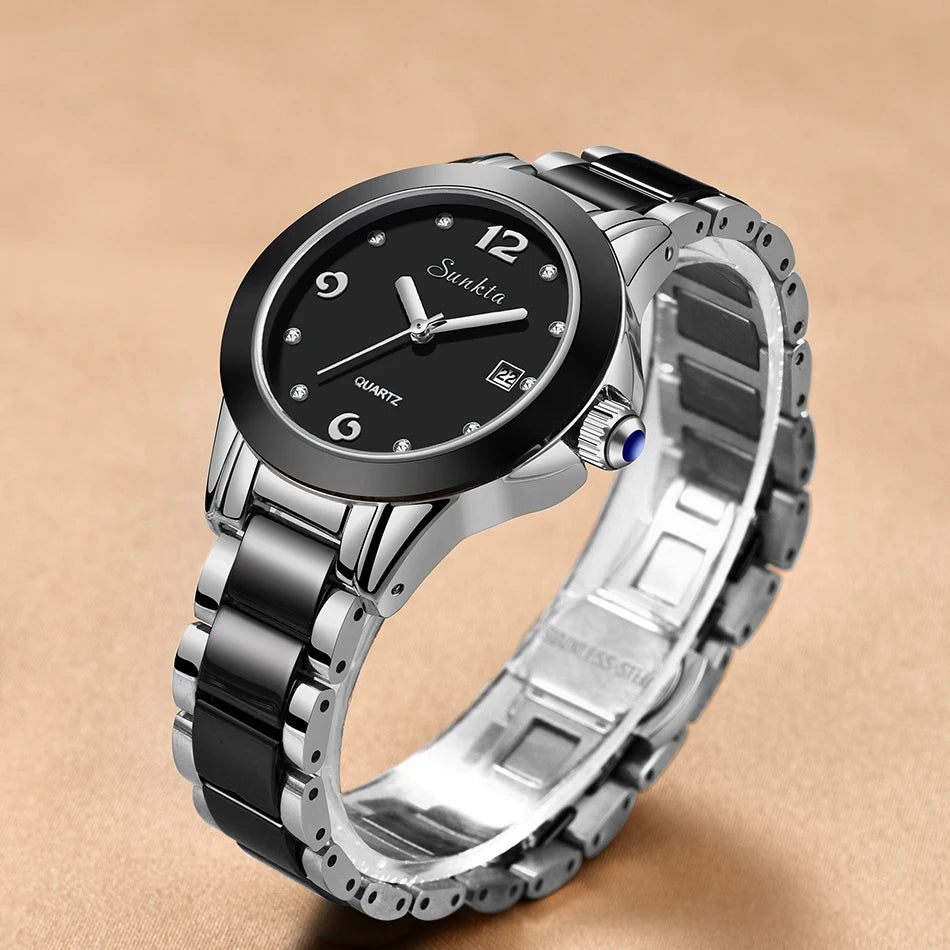 LIGE Brand SUNKTA Fashion Casual Woman Watch Ceramic Simple Bracelet Quartz Ladies Watches Date Waterproof Women's Wristwatches