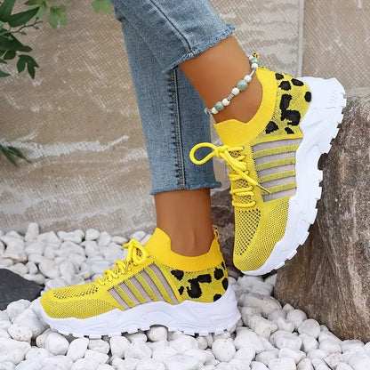 Leopard Print Knit Women's Sneakers Breathable Mesh Lace Up Casual Walking Shoes Non-Slip Thick Sole Fashion Sport Trainers for