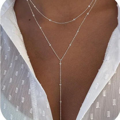 Stainless Steel Y-Shaped Pendant Necklace for Women Girls, Elegant Fashion Simulated Diamond Long Tassel Dangle Jewelry Gifts