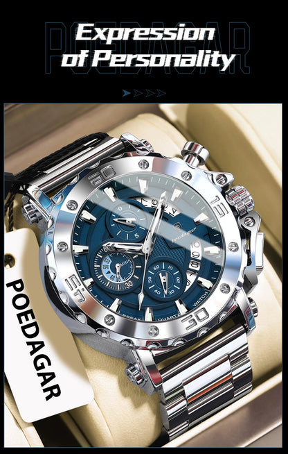 POEDAGAR Top Business Men's Wristwatch Luminous Waterproof Man Clock Chronograph Calendar Stainless Steel Quartz Watches For Men