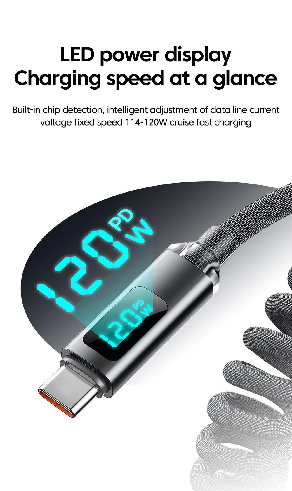 120W Spring Cable USB Type C To Type C Fast Charging LED Digital Display For iPhone 15 16 Samsung Huawei USB C To USB C Cable