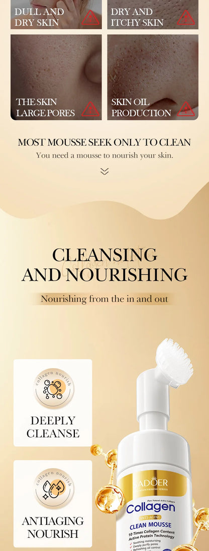 SADOER Collagen Facial Cleanser Mousse Deep Cleansing Skincare Moisturizing Firming Face Wash Foam Cleanser Skin Care Products