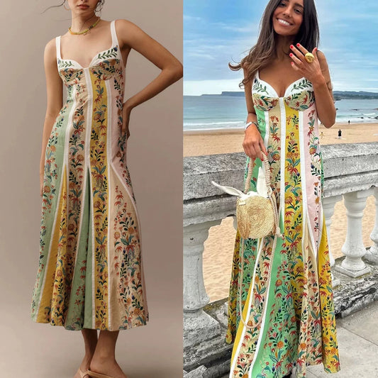 Fashion Elegant Women Sleeveless Party Dresses Casual Deep V Neck Maxi Dress Summer Backless High Waist Print Dress Vestidos
