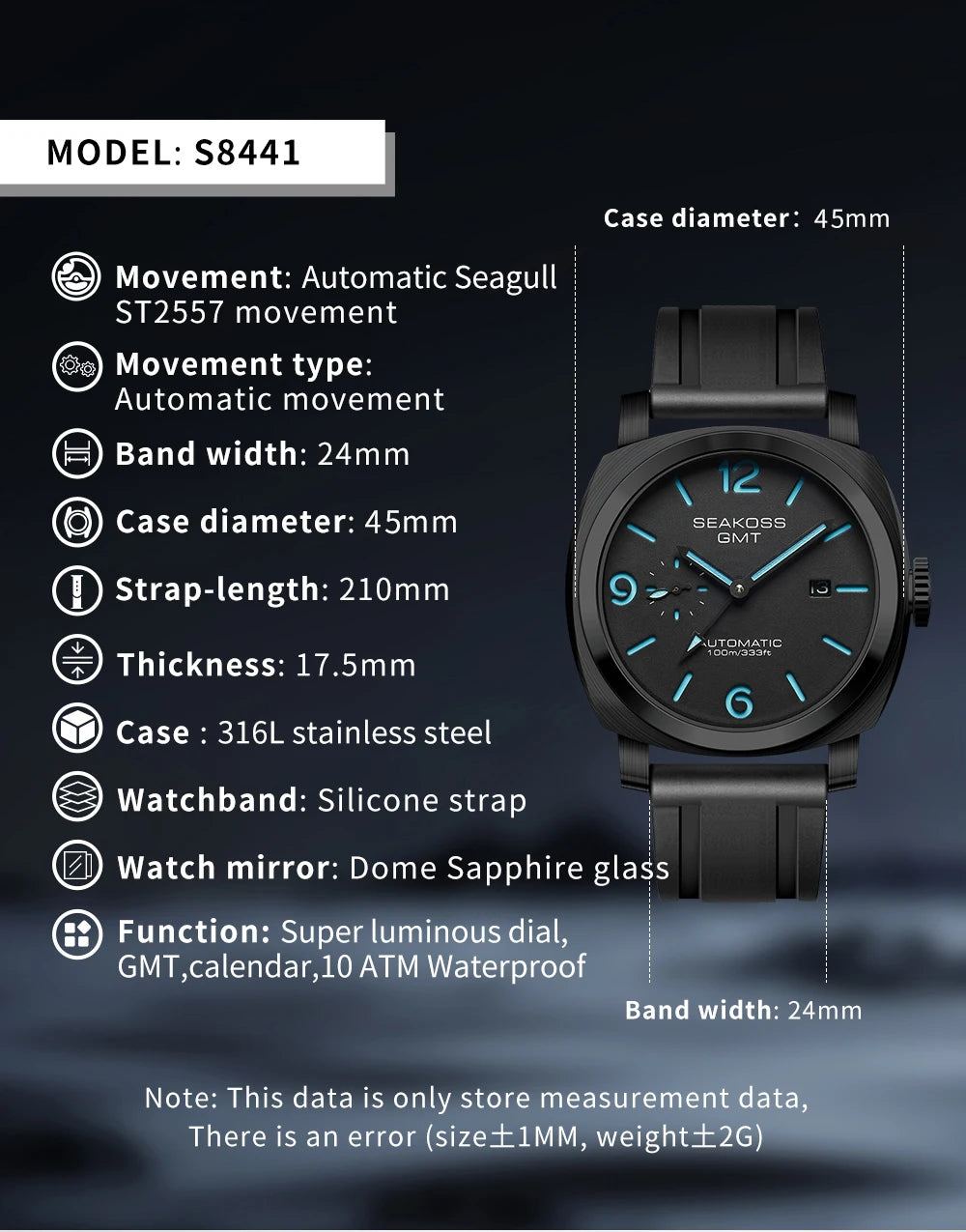 SEAKOSS GMT Super Luminous Diving Automatic Mechanical Watch Men 10ATM 1963 Seagull st2557 Movement Calendar Sapphire Wristwatch