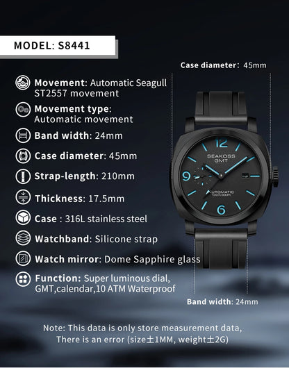 SEAKOSS GMT Super Luminous Diving Automatic Mechanical Watch Men 10ATM 1963 Seagull st2557 Movement Calendar Sapphire Wristwatch
