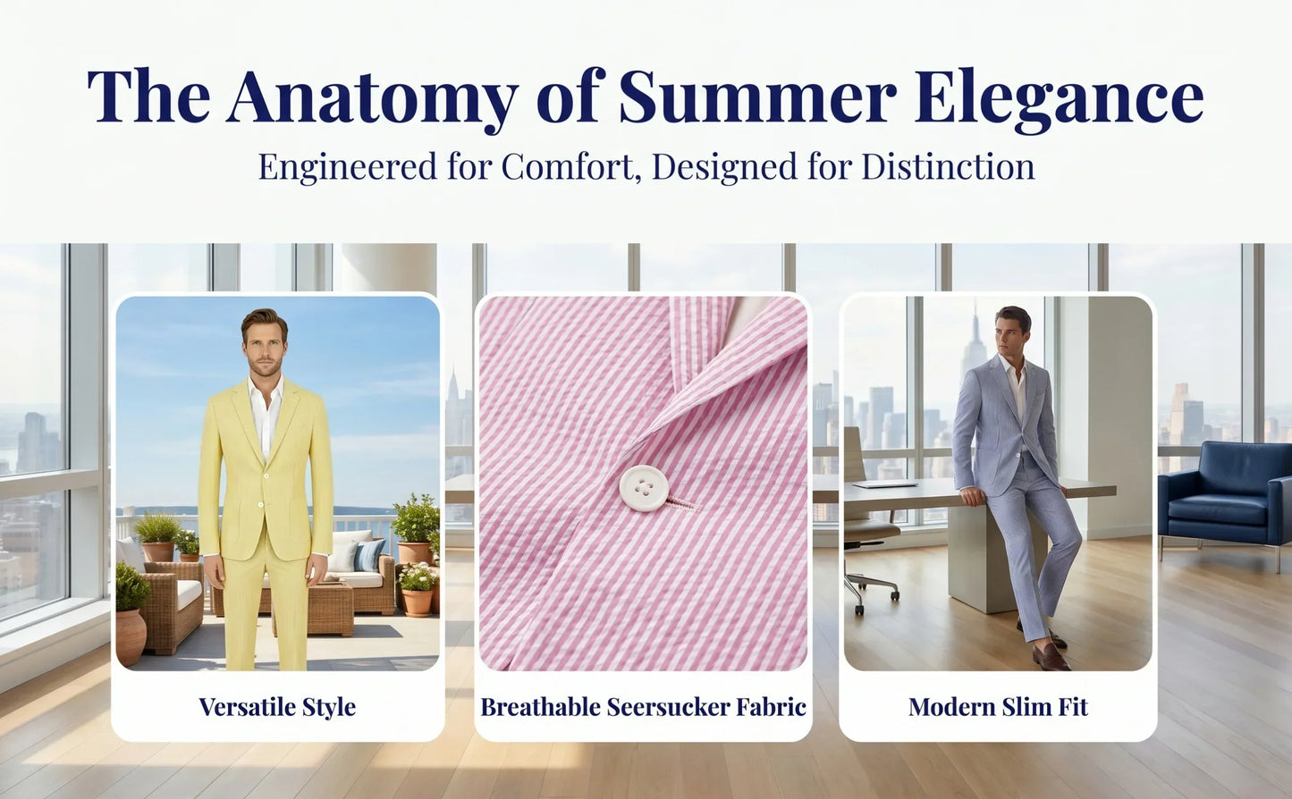 Men Summer Striped Seersucker 2 Piece Suit Wrinkle Free Light Blazer Trousers All Match Gentleman Daily Outfit