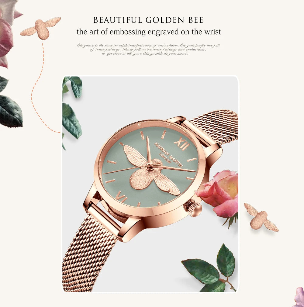 Hannah Martin 2023 New Women Luxury Watch Rose Gold 31mm Classic Casual Girl Dress Watch Bracelet Set 3D Engraved Bee Dial Clock