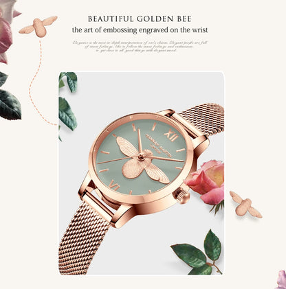 Hannah Martin 2023 New Women Luxury Watch Rose Gold 31mm Classic Casual Girl Dress Watch Bracelet Set 3D Engraved Bee Dial Clock