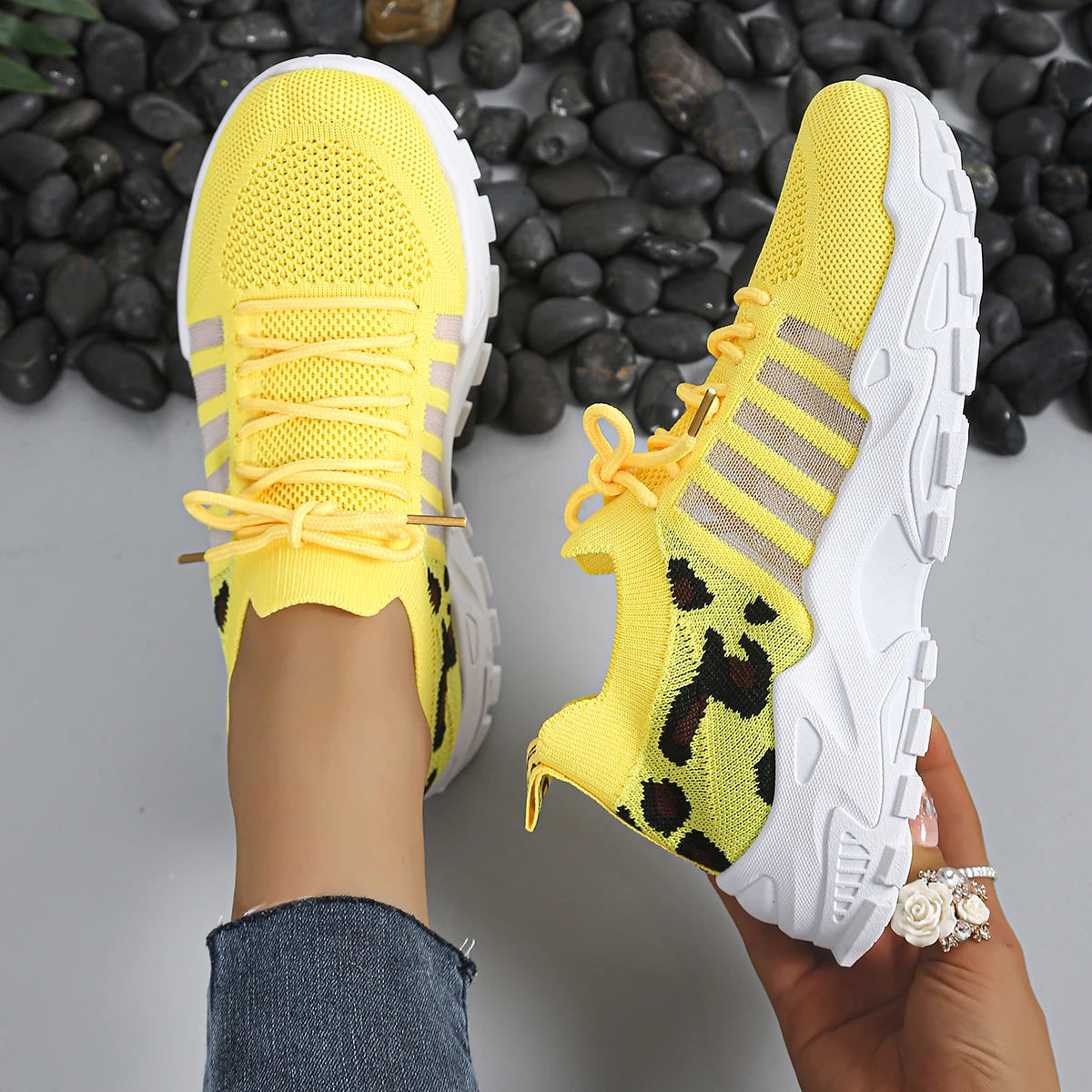 Leopard Print Knit Women's Sneakers Breathable Mesh Lace Up Casual Walking Shoes Non-Slip Thick Sole Fashion Sport Trainers for