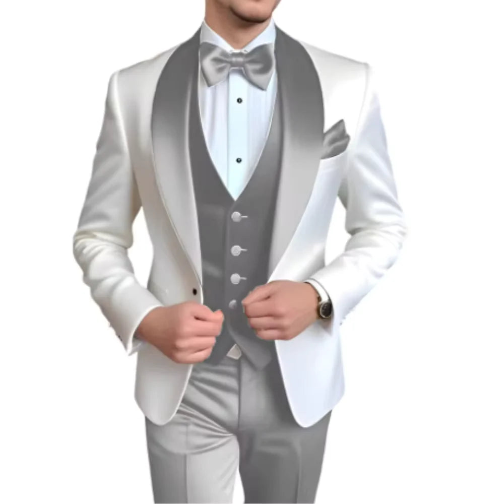 Formal 3 Piece Men's Suits Elegant Full Set Single Breasted Shawl Lapel Blazer Party Outwear Homme Costume（Jacket+Pants+Vest)