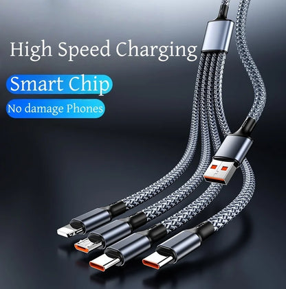 4-in-1 Multifunctional Charging Cable Supports USB-A to USB-C, Micro USB, and Braided Cables for Charging Multiple Devices