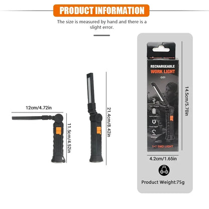 USB Rechargeable COB LED Flashlight Work Light Magnetic Torch Portable Hanging Lamp with Built-in Battery Camping Torch