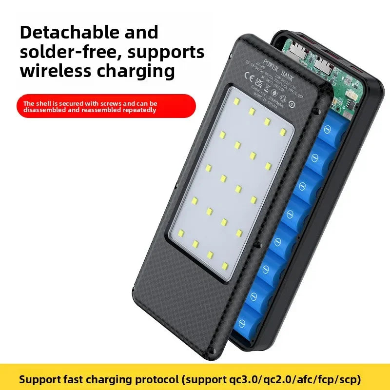 22.5W Fast Charging & Wireless Charging 18650 Battery Power Case - 8x18650 Battery Holder with Outdoor Camping LED Light
