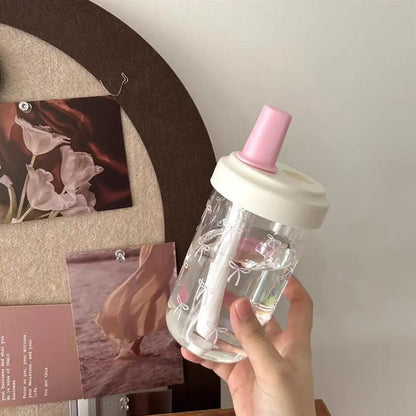 500/700Ml Pink Bow Water Cup With Straw Coffee Bubble Milk Tea Plastic Cup Large Capacity Students Water Bottle Straw Bottle